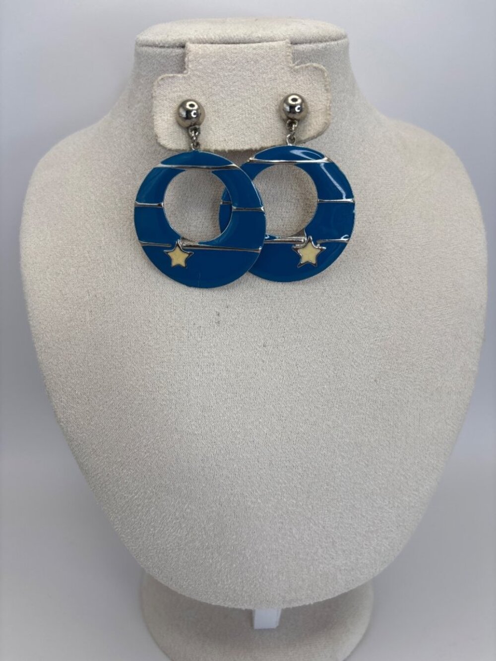 Vintage Circular Drop Earrings Blue Enamel Accent Stripe and Star Pierced Post